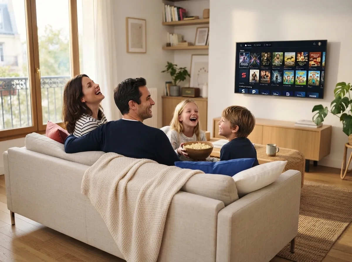 Famille qui regarde la télévision ensemble grâce à son abonnement IPTV